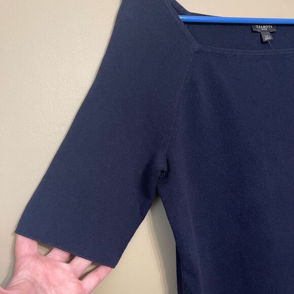 Talbots Womens Navy Blue Square Neck Elbow Sleeve Sweater Keyhole Petite Large - Picture 5 of 9
